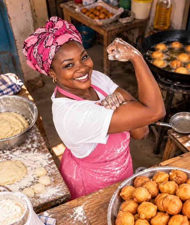 Une vendeuse de beignets en tablier rose sourit et fléchit le bras