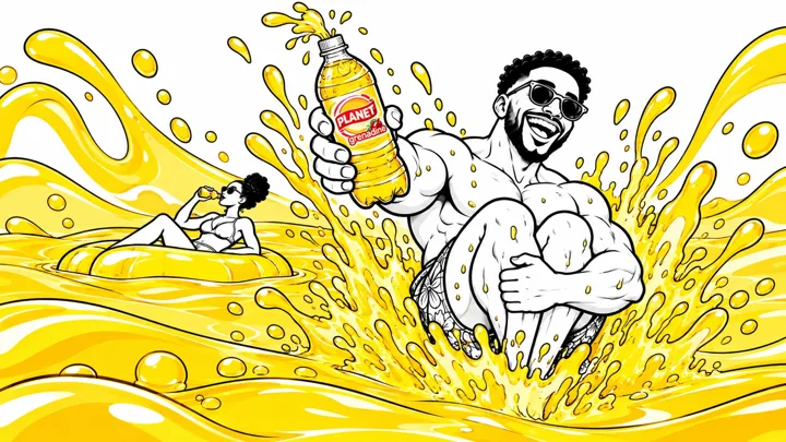 Croquis d’un homme plongeant dans un splash jaune avec une bouteille
