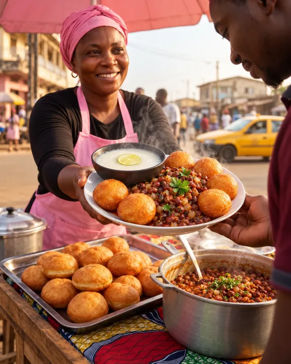 Une vendeuse tend un plat de beignets et de haricots à un client